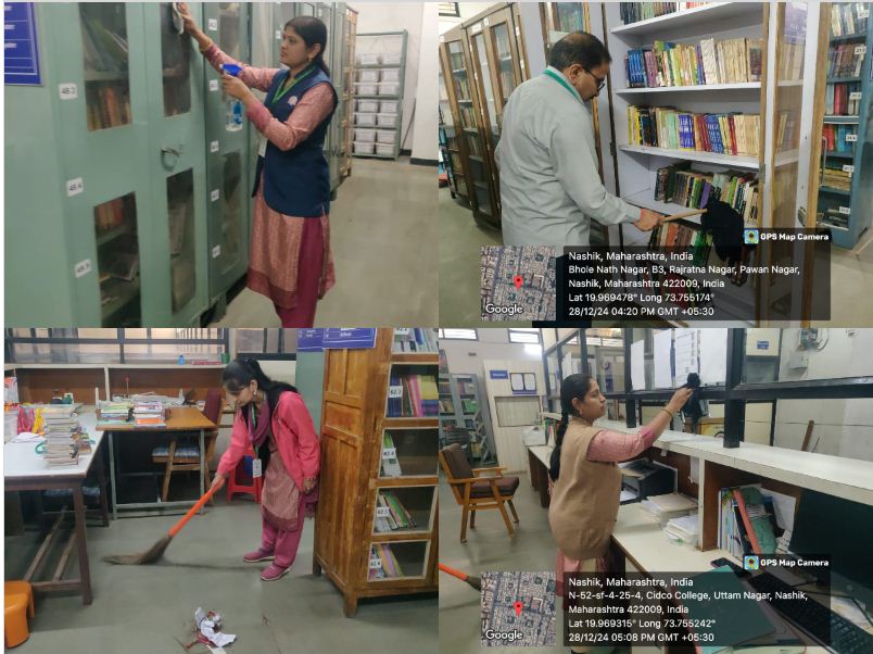 वाचन संकल्प महाराष्ट्राचा उपक्रम अंतर्गत ग्रंथालयाची साफ सफाई करताना ग्रंथालयातील सेवक